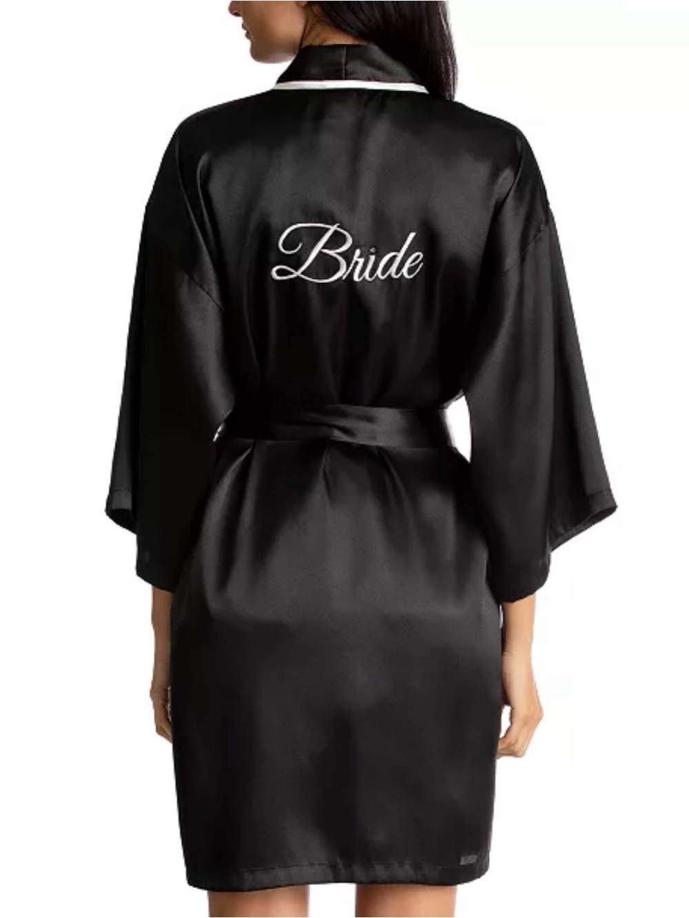 Linea Donatella 3 pc Black Satin Bride Robe with White Embroidery &cami&short